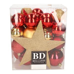 Bellatio set 33x stuks kunststof kerstballen met ster piek rood en goud -