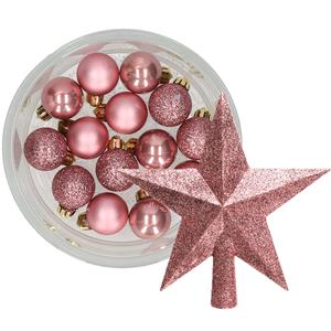 Decoris 14x stuks kerstballen 3 cm met ster piek oudroze kunststof -