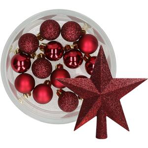 Decoris 14x stuks kerstballen 3 cm met ster piek bordeaux rood kunststof -