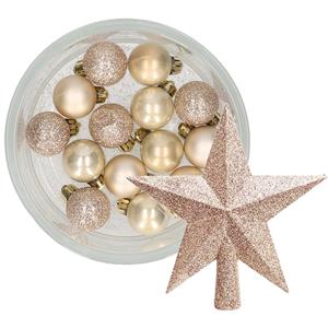 Decoris 14x stuks kerstballen 3 cm met ster piek champagne kunststof -
