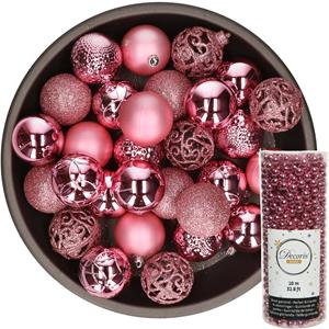 Decoris Kerstballen 37x stuks 6 cm incl. kralenslinger 10 m roze kunststof -