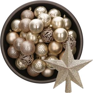 Decoris 37x stuks kunststof kerstballen 6 cm incl. ster piek champagne -