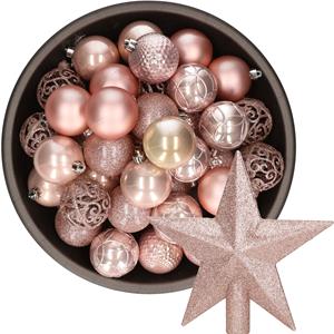 Decoris 37x stuks kunststof kerstballen 6 cm incl. ster piek lichtroze -