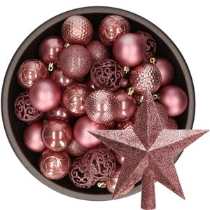 Decoris 37x stuks kunststof kerstballen 6 cm incl. ster piek oudroze -