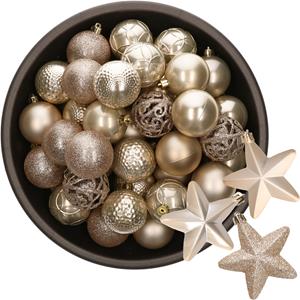 Decoris 43x stuks kunststof kerstballen en sterren ornamenten champagne -