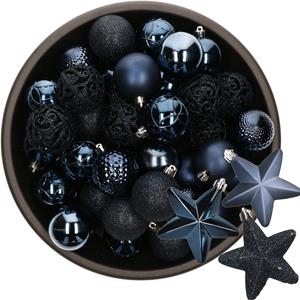 Bellatio 43x stuks kunststof kerstballen en sterren ornamenten donkerblauw -