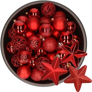 Decoris 43x stuks kunststof kerstballen en sterren ornamenten rood -