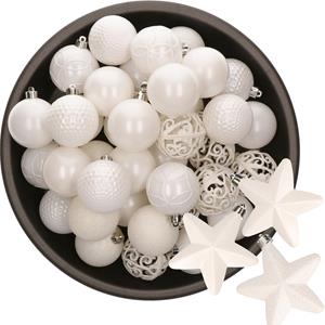 Bellatio 43x stuks kunststof kerstballen en sterren ornamenten wit -