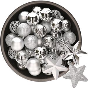 Decoris 43x stuks kunststof kerstballen en sterren ornamenten zilver -