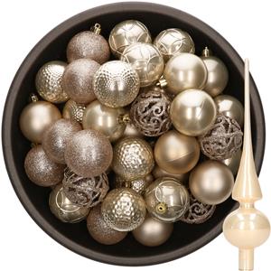 Decoris 37x stuks kunststof kerstballen 6 cm incl. glazen piek champagne -