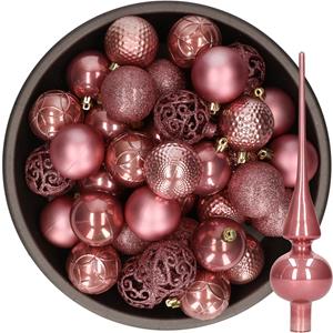 Decoris 37x stuks kunststof kerstballen 6 cm incl. glazen piek glans oudroze -
