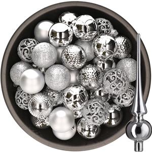 Decoris 37x stuks kunststof kerstballen 6 cm incl. glazen piek glans zilver -