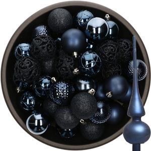 Bellatio 37x stuks kunststof kerstballen 6 cm incl. glazen piek mat donkerblauw -