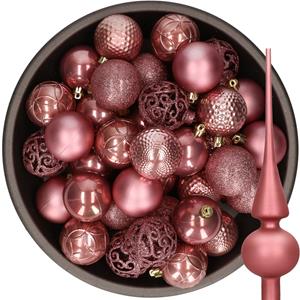 Decoris 37x stuks kunststof kerstballen 6 cm incl. glazen piek mat oudroze -
