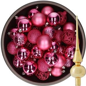 Bellatio 37x stuks kunststof kerstballen fuchsia roze 6 cm incl. glazen piek goud -