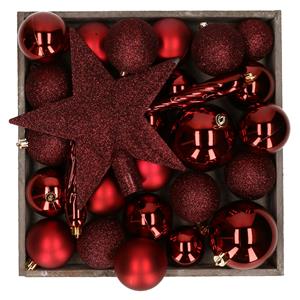 Bellatio Kunststof kerstballen - 45x stuks - met ster piek - donkerrood -