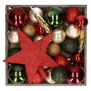 Bellatio Kunststof kerstballen - 45x stuks - met ster piek - groen,creme,rood -