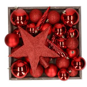 Bellatio Kunststof kerstballen - 45x stuks - met ster piek - rood -
