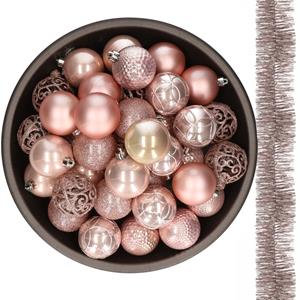Decoris 37x stuks kunststof kerstballen 6 cm met 2x stuks slingers lichtroze -