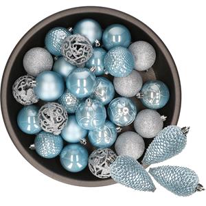 Bellatio 43x stuks kunststof kerstballen en dennenappel ornamenten lichtblauw -