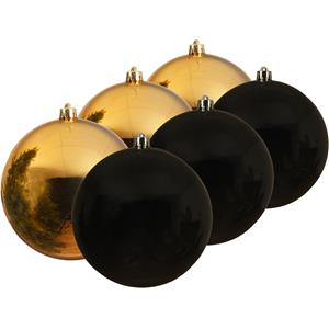 Decoris Kunststof kerstballen 6x stuks goud en zwart 14 cm -