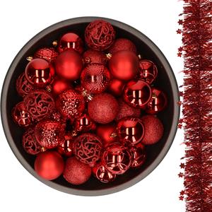 Decoris 37x stuks kunststof kerstballen 6 cm met 2x stuks slingers rood -