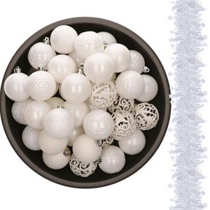 Bellatio 37x stuks kunststof kerstballen 6 cm met kerstslingers wit -