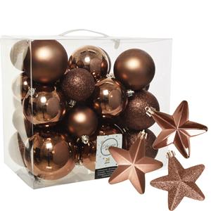 Decoris Pakket 32x stuks kunststof kerstballen en sterren ornamenten walnoot bruin -