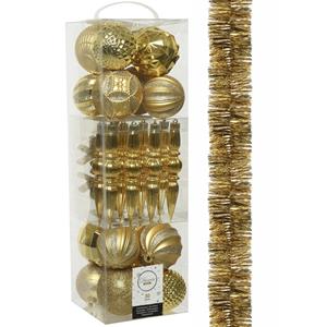 Decoris 30x stuks kunststof kerstballen en ornamenten met slinger goud -