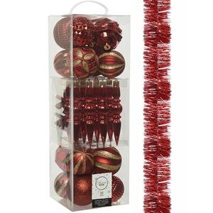 Decoris 30x stuks kunststof kerstballen en ornamenten met slinger rood -