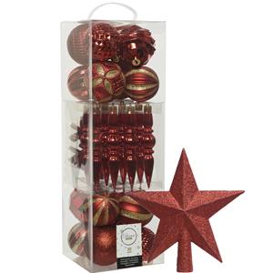 Decoris 30x st kunststof kerstballen, ornamenten en piek rood -