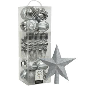 Decoris 30x st kunststof kerstballen, ornamenten en piek zilver -
