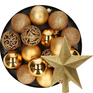 Decoris 16x stuks kunststof kerstballen 6 cm incl. ster piek goud -