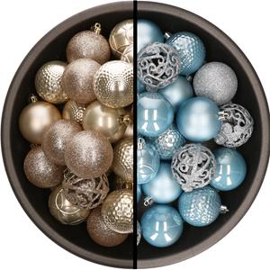 Kunststof kerstballen 74x stuks champagne en lichtblauw 6 cm -