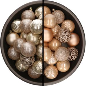 Kunststof kerstballen 74x stuks champagne en lichtbruin 6 cm -