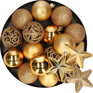 Decoris 16x stuks kerstballen 6 cm met 6x st sterren kersthangers goud kunststof -