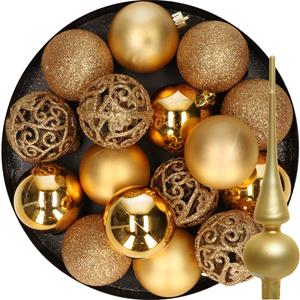 Decoris 16x stuks kunststof kerstballen 6 cm incl. glazen piek mat goud -