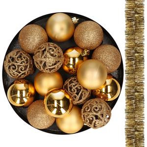 Decoris 16x stuks kunststof kerstballen 6 cm incl. 2x st. kerstslingers goud -