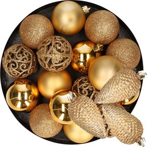 Decoris 16x stuks kerstballen 6 cm met 6x st dennenappel kersthangers goud kunststof -