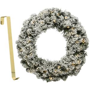 Decoris Kerstkrans groen besneeuwd met licht 35 cm kunststof incl. deurhanger -