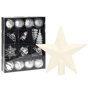 Christmas Decoration Kerstballen en ornamenten incl. ster piek zilver/wit kunststof -