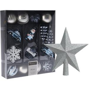 Christmas Decoration Kerstballen en ornamenten incl. ster piek blauw/zilver kunststof -