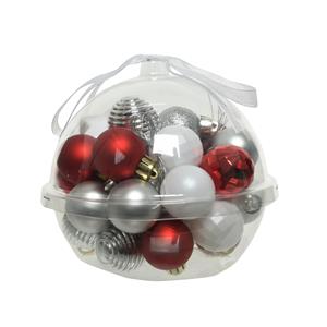 Decoris 30x stuks kleine kunststof kerstballen rood/wit/zilver 3 cm -