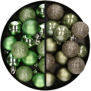 28x stuks kleine kunststof kerstballen groen en leger groen 3 cm -