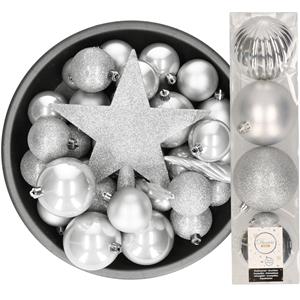 Bellatio Decoris kerstballen 37x stuks zilver 5-6-8-10 cm met ster piek kunststof -