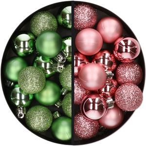 28x stuks kleine kunststof kerstballen groen en roze 3 cm -