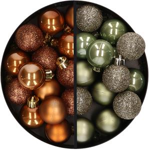 28x stuks kleine kunststof kerstballen legergroen en bruin 3 cm -