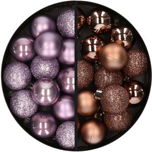 28x stuks kleine kunststof kerstballen lila paars en bruin 3 cm -