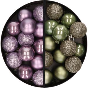 28x stuks kleine kunststof kerstballen lila paars en legergroen 3 cm -