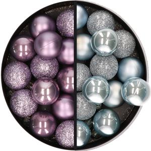 28x stuks kleine kunststof kerstballen lila paars en lichtblauw 3 cm -